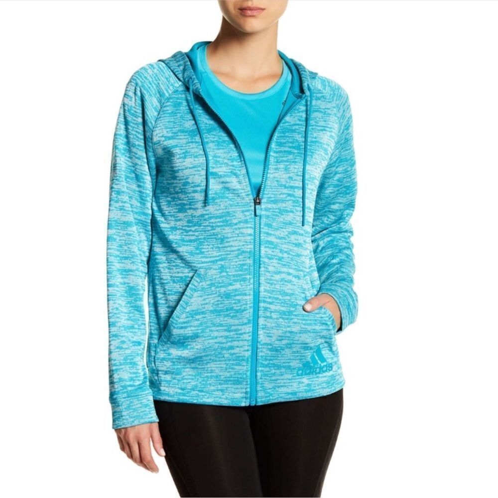 adidas L 2Street FZ Heather Teal White 3 Stripe Full Zip Hoodie Sweatshirt